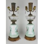 A PAIR OF 19TH CENTURY OPALINE GLASS OIL LAMPS Having clear glass well and hand painted decoration
