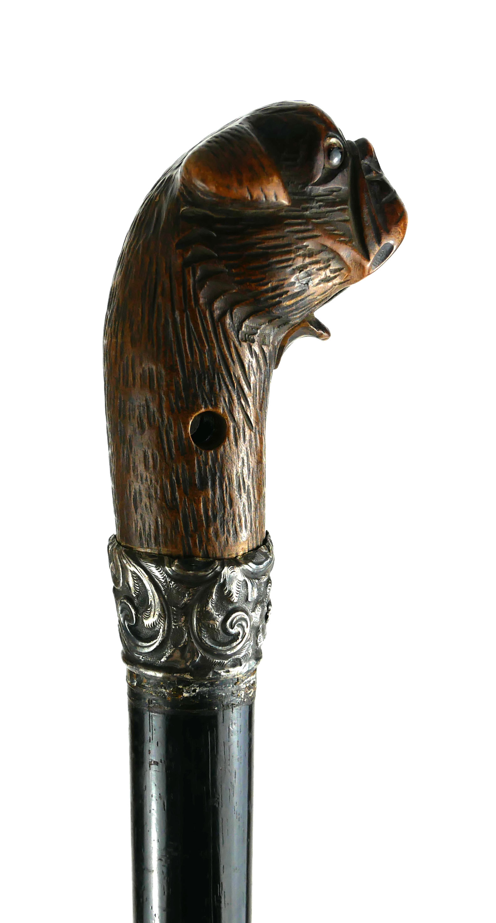 AN EDWARDIAN WALKING STICK With carved handle in the form of pug with articulated mouth and glass - Image 4 of 4