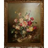 A 20TH CENTURY CONTINENTAL SCHOOL OIL ON CANVAS Still life, an Old Paris porcelain vase,