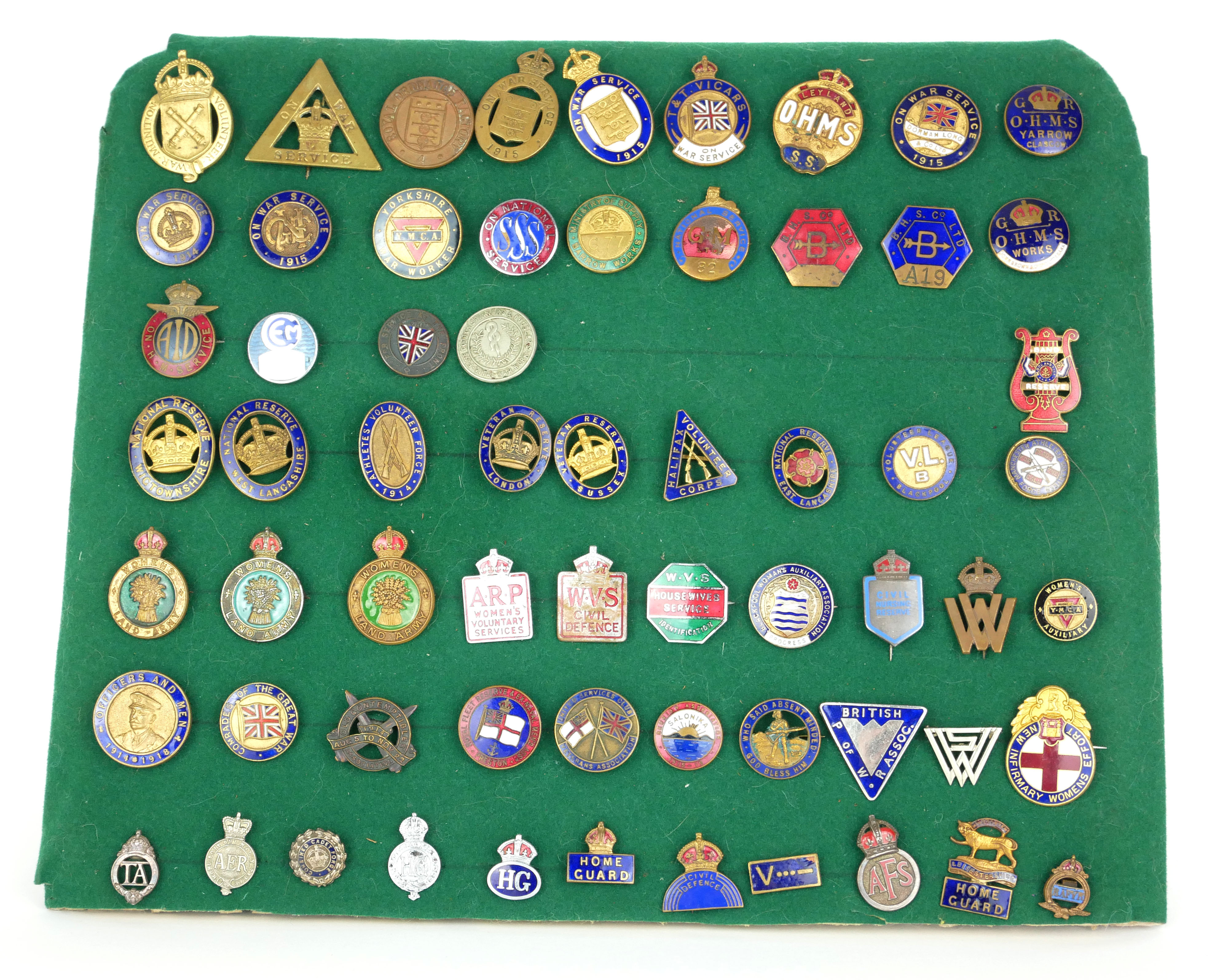 A COLLECTION OF EARLY 20TH BRASS AND ENAMEL HOME GUARD/LAND ARMY BADGES Including On War Service