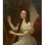 A 19TH CENTURY ENGLISH NAÏVE SCHOOL OIL ON PANEL Young woman playing the harp, unsigned, in a