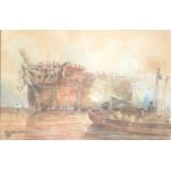 SAMUEL PROUT, 1783 - 1852, WATERCOLOUR, 1823 beached ship being broken, signed, dated, mounted,