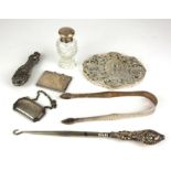 A COLLECTION OF GEORGIAN AND LATER SILVER WARE Including a pair of sugar tongs with Newcastle