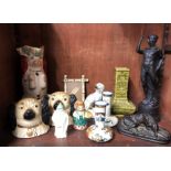 A COLLECTION OF VARIOUS CHINA To include Staffordshire dogs, continental vases and a black basalt