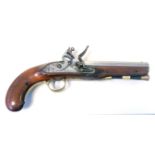 S. WALLIS, AN 18TH/19TH CENTURY FLINTLOCK PISTOL Steel proof marked hexagonal barrel, push rod,