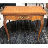 A FRENCH FLORAL MARQUETRY INLAID FOLD OVER CARD TABLE. (82cm x 43cm x 76cm)