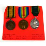 A SET OF THREE WWI BRITISH TERRATORIAL ARMY WAR MEDALS Bronze voluntary service overseas 1914 -