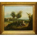 A 19TH CENTURY OIL ON CANVAS family group on a country path, gilt framed. (82cm x 69cm)