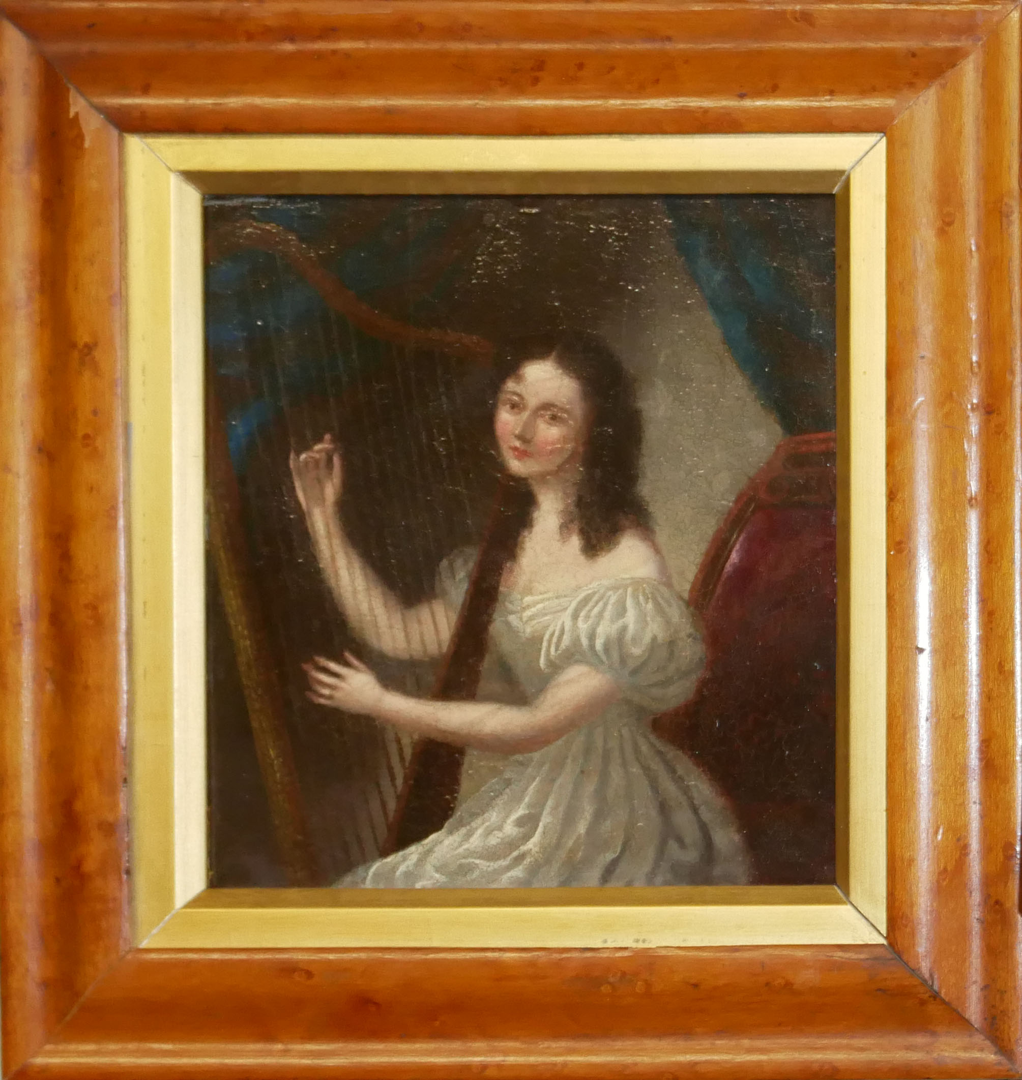 A 19TH CENTURY ENGLISH NAÏVE SCHOOL OIL ON PANEL Young woman playing the harp, unsigned, in a - Image 2 of 2