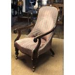 AN EARLY VICTORIAN ROSEWOOD OPEN ARMCHAIR In a striped cut velvet fabric upholstery, scroll arms, on