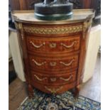 A 19TH CENTURY FRENCH WALNUT AND PARQUETRY DEMI LUNE SIDE CABINET With brass gallery and inset