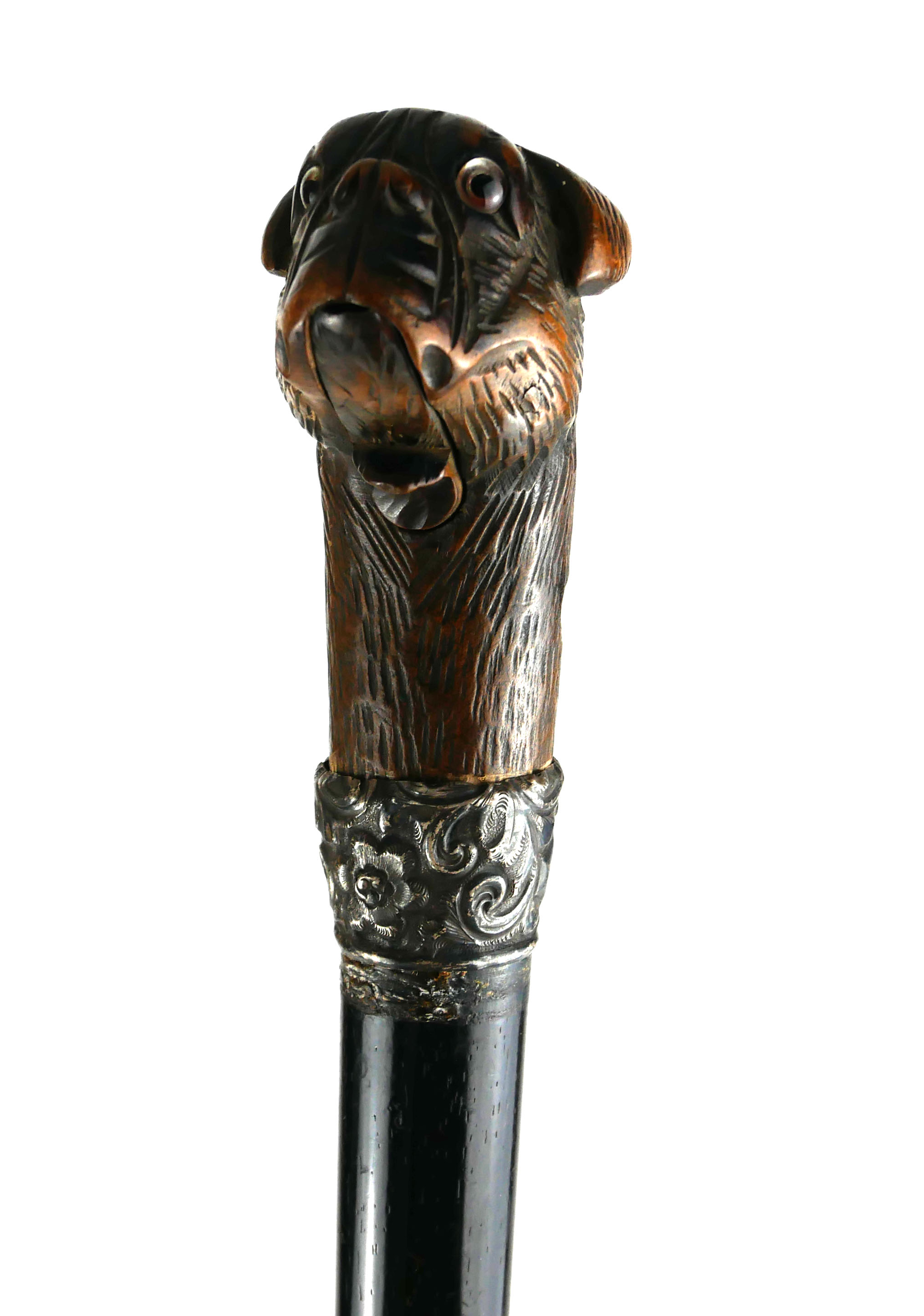 AN EDWARDIAN WALKING STICK With carved handle in the form of pug with articulated mouth and glass