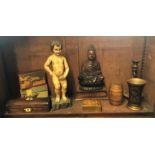 A COLLECTION OF TREEN Along with an Italian statue, Victorian glove box and carved wooden Buddha. (