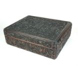 A CHINESE HARDWOOD RECTANGULAR BOX Carved with lotus leaves and foliage. (w 36cm x d 30cm x 10cm)