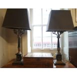 A LARGE PAIR OF EMPIRE FIVE BRANCH TABLE LAMPS AND SHADES With gilt metal and ebonised steel columns