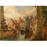 A 20TH CENTURY CONTINENTAL SCHOOL GOUACHE ON PAPER Village by a canal, indistinctly signed lower