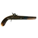 AN EARLY 19TH CENTURY WALNUT PERCUSSION CAP PISTOL Having fine engraving to steel plate. (approx