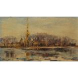 A 21ST CENTURY RUSSIAN SCHOOL OIL ON CANVAS LAID ON CARDBOARD Landscape, with lake and a church in