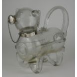 ELKINGTON & CO., AN EDWARDIAN SILVER AND CLEAR GLASS 'DOG' DECANTER The bulbous glass body having