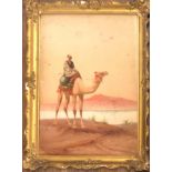 AN EARLY 20TH CENTURY WATERCOLOUR, Tribesmen on camel back, indistinctly signed, gilt framed. 43 x