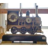 A 20TH CENTURY INDUSTRIAL STYLE BRONZE LOCOMOTIVE AUTOMATON CLOCK. (w 46cm x d 23cm x h 46cm)