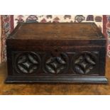 A 19TH CENTURY OAK GOTHIC REVIVAL TABLE TOP CASKET With part fitted interior. (27.5cm x 16.5cm x
