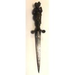 A 19TH CENTURY BRONZE DAGGER AND SCABBARD The figural hilt in the form of a young couple, with