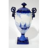 ROYAL CROWN DERBY, DUTCH DESIGN BLUE AND WHITE VASE AND COVER With two scrolling pierced handles,
