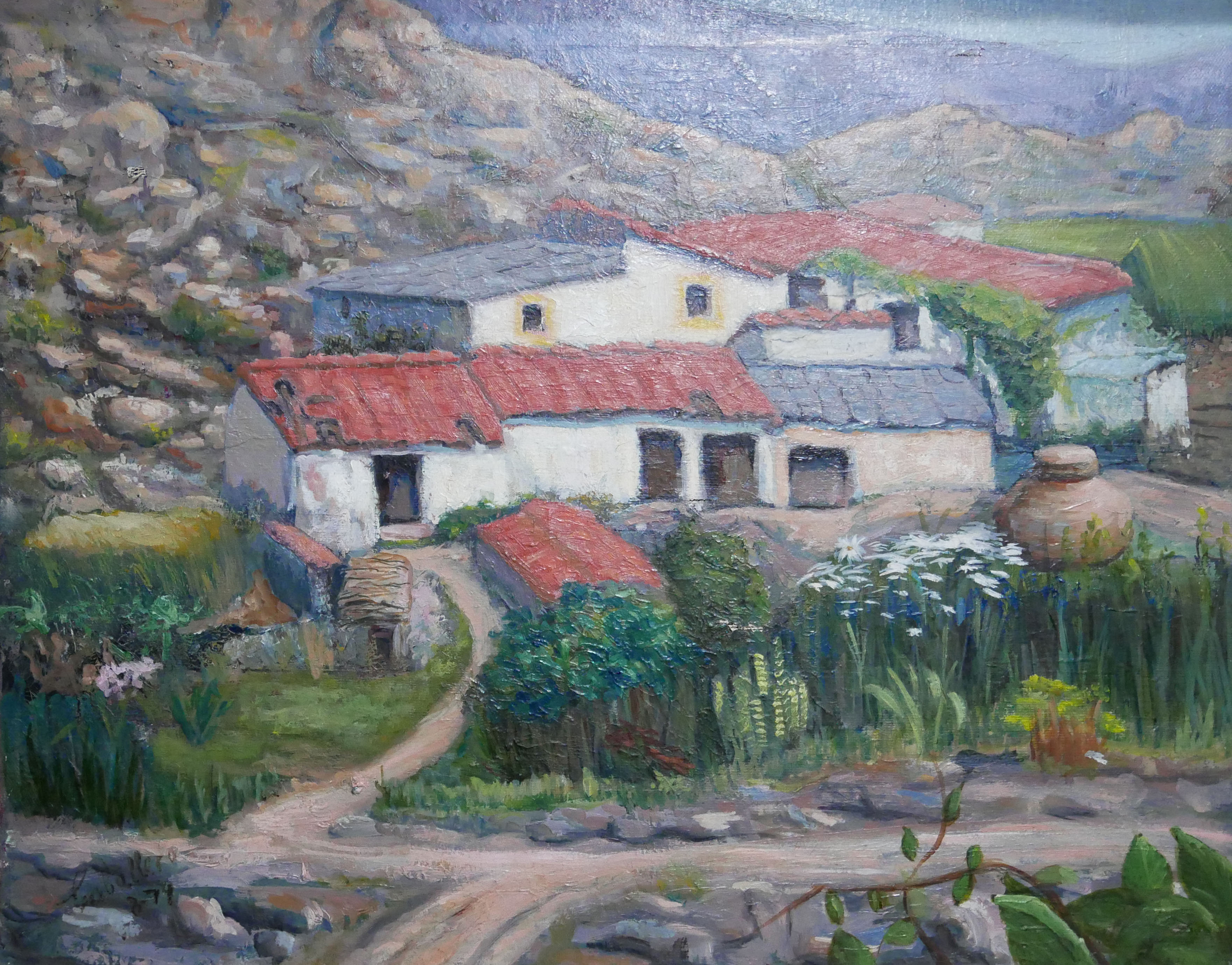 A LATE 20TH CENTURY CONTINENTAL OIL ON CANVAS Landscape, country houses with red roofs, framed,