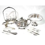 WMF, AN ART NOUVEAU SILVER PLATE AND GLASS CRUET Having an organic frame with three cruet bottles