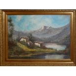 A 20TH CENTURY ITALIAN SCHOOL OIL ON CANVAS Landscape, homestead in a lake and mountains in