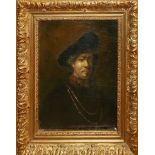 A 19TH/20TH CENTURY OIL ON CANVAS Self portrait with shaded eyes, following Rembrandt, unsigned,