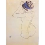 EGON SCHEILE, LARGE PRINT Seated female nude with head band, mounted, framed and glazed. (60cm x