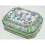 A CHINESE CANTON ENAMEL RECTANGULAR BOX Hand painted with musicians on green ground, bearing