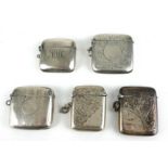 A COLLECTION OF FIVE EARLY 20TH CENTURY SILVER VESTA CASES Including a rectangular form case,