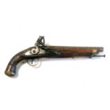 AN 18TH/19TH CENTURY FLINTLOCK PISTOL Steel barrel, push rod and lock, brass fittings on a walnut