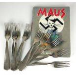 A SET OF TWELVE WWII GERMAN ARMY STEEL OFFICER'S MESS FORKS Geometric form with German Eagle and