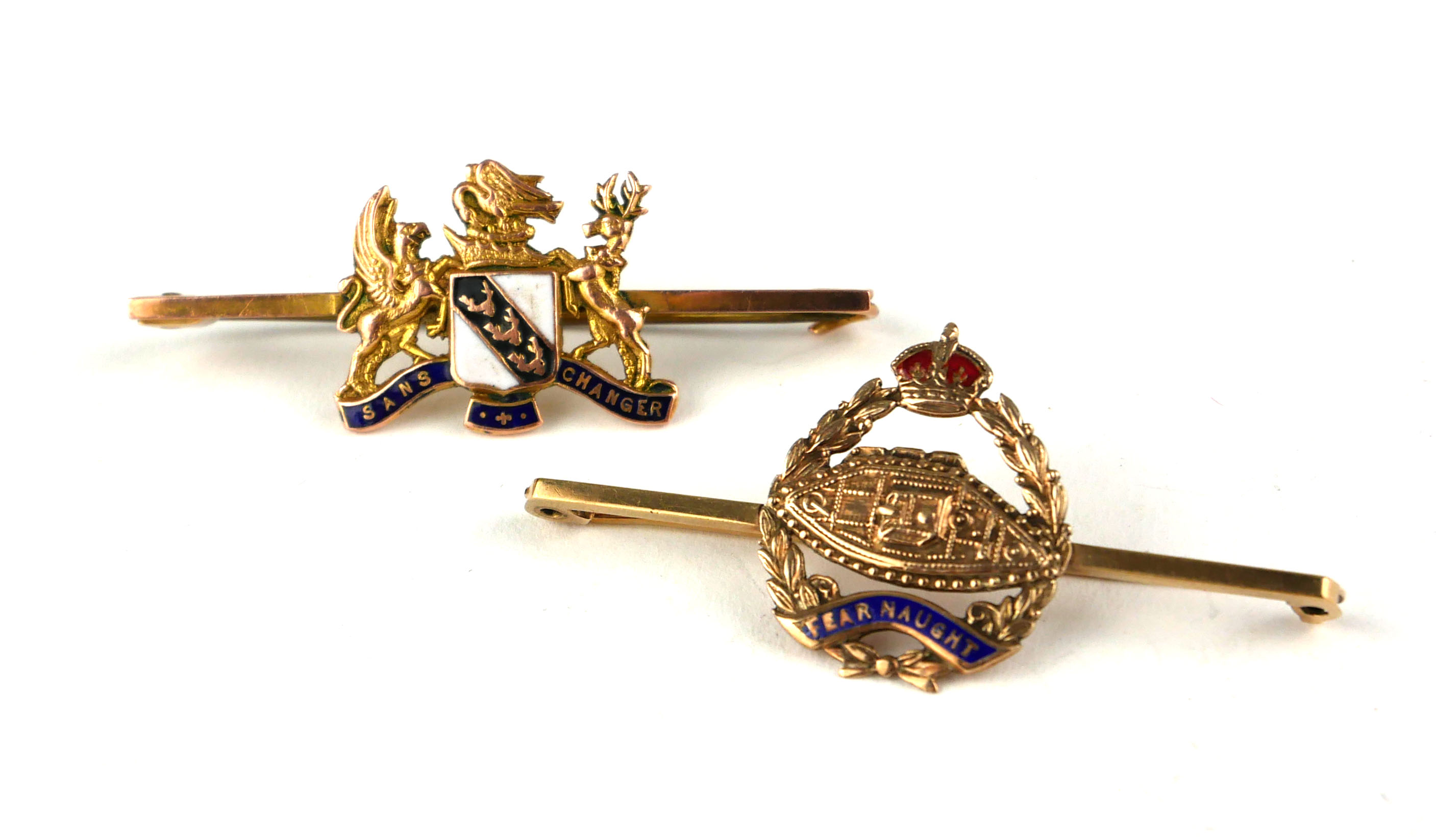 TWO 9CT GOLD BRITISH MILITARY SWEETHEART BROOCHES Comprising a liver bird with stag and griffin with