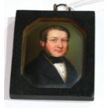 A FINE 19TH CENTURY HEXAGONAL ENAMELLED PORTRAIT OF A GENTLEMAN Wearing a black tie and coat. (7cm)