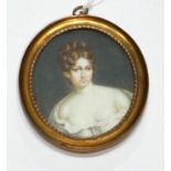 A 19TH CENTURY OVAL MINIATURE PORTRAIT OF A LADY Gilt framed. (8cm)