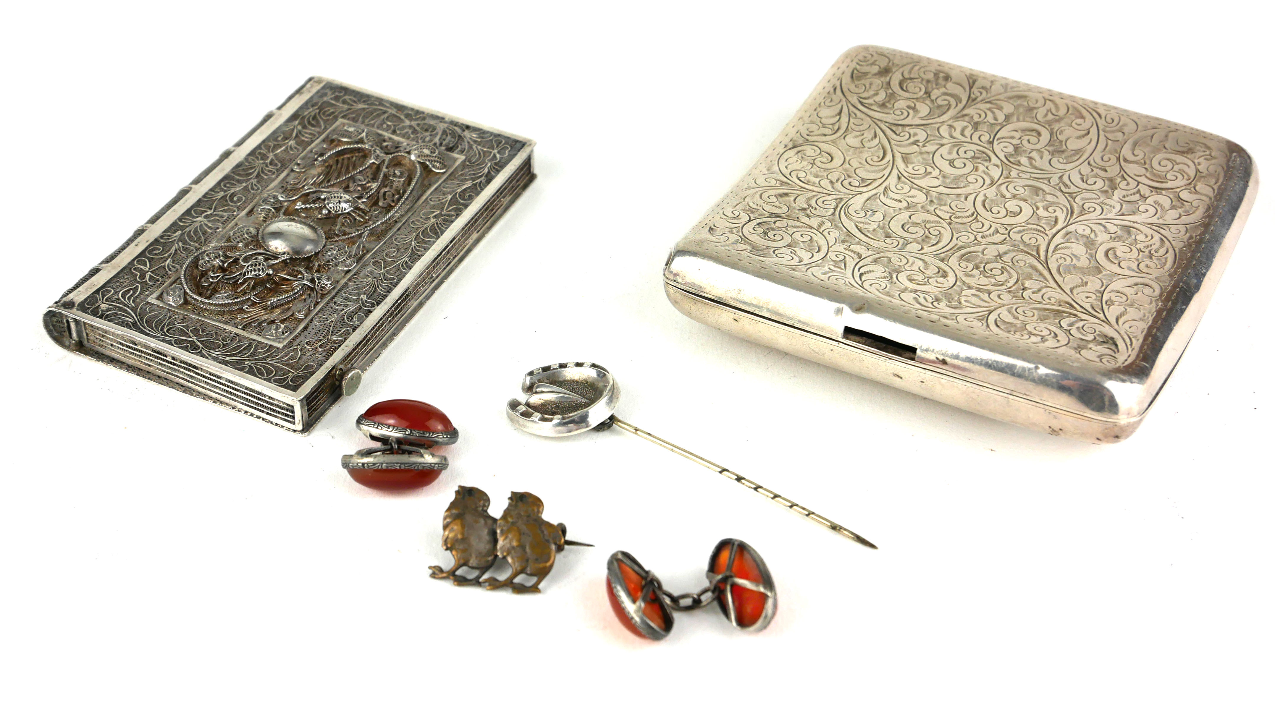 AN EARLY 20TH CENTURY WHITE METAL FILIGREE RECTANGULAR CALLING CARD CASE With applied wirework