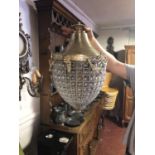 A PAIR OF GILT METAL AND CUT GLASS PINEAPPLE WALL HANGING LIGHTS.