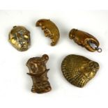 A COLLECTION OF FIVE EARLY 20TH CENTURY BRASS NOVELTY VESTA CASES Lobster claw, clam, crescent