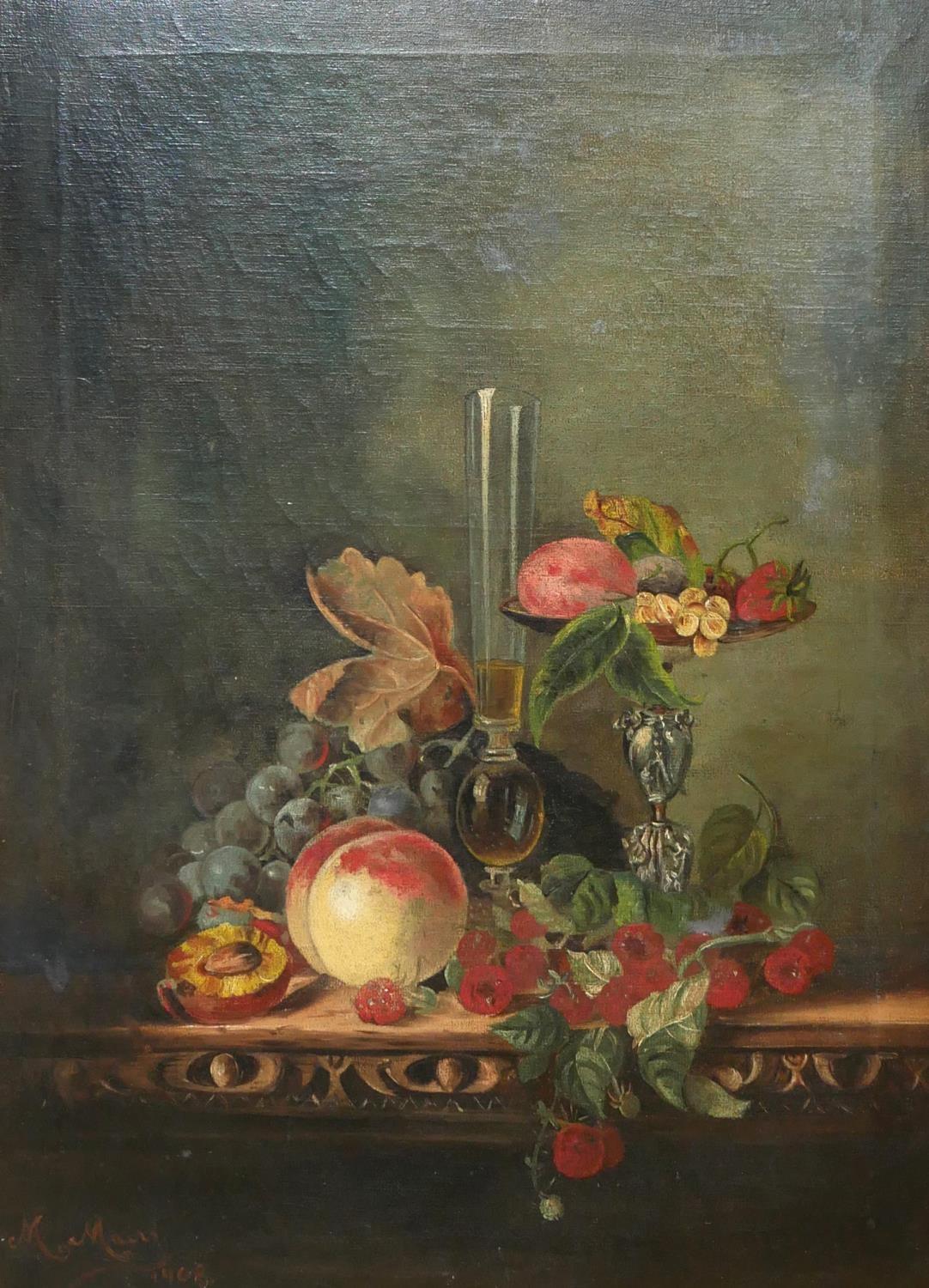 M. MARIS, 1908, OIL ON CANVAS Still life fruit, signed, dated and gilt framed.