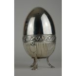 PASGORCY, SPANISH, AN EARLY 20TH CENTURY WHITE METAL EMU EGG CODDLER Having a dome form lid with