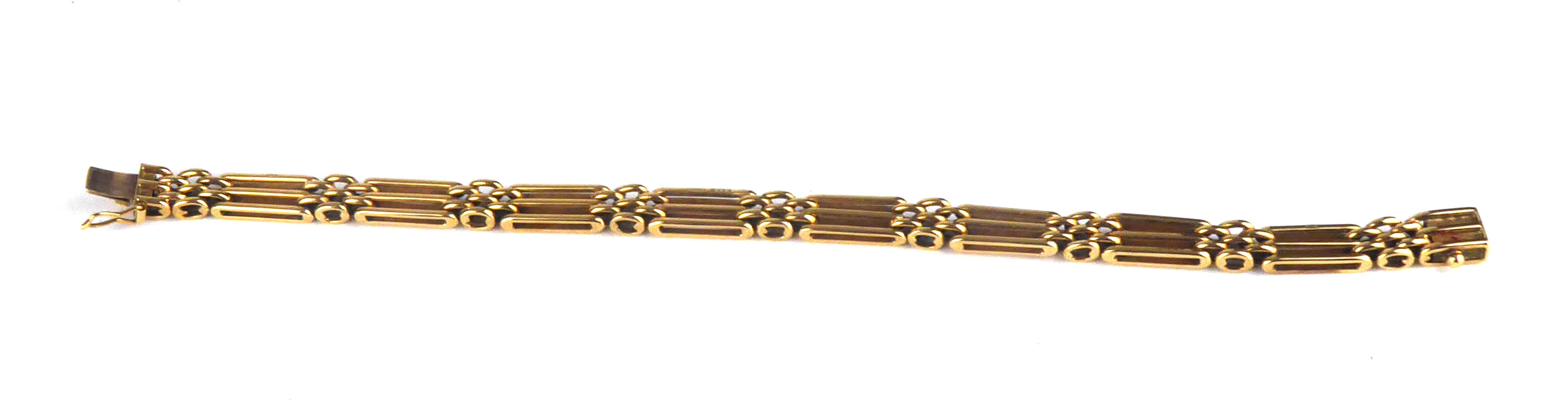 A VICTORIAN 9CT GOLD GATE BRACELET Having pierced elongated links. (approx 20cm)