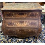 AN 18TH CENTURY DUTCH FLORAL MARQUETRY INLAID BOMBE CHEST OF THREE DRAWERS (90cm x 54cm x 81cm)