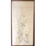 A LARGE EARLY 20TH CENTURY CHINESE SILK EMBROIDERED PICTURE Cranes and butterflies amongst prunus,