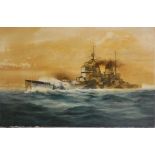 ROGER NUTTON, 20TH CENTURY OIL ON CANVAS Titled verso 'H.M.S. Howe', signed, dated '74 lower