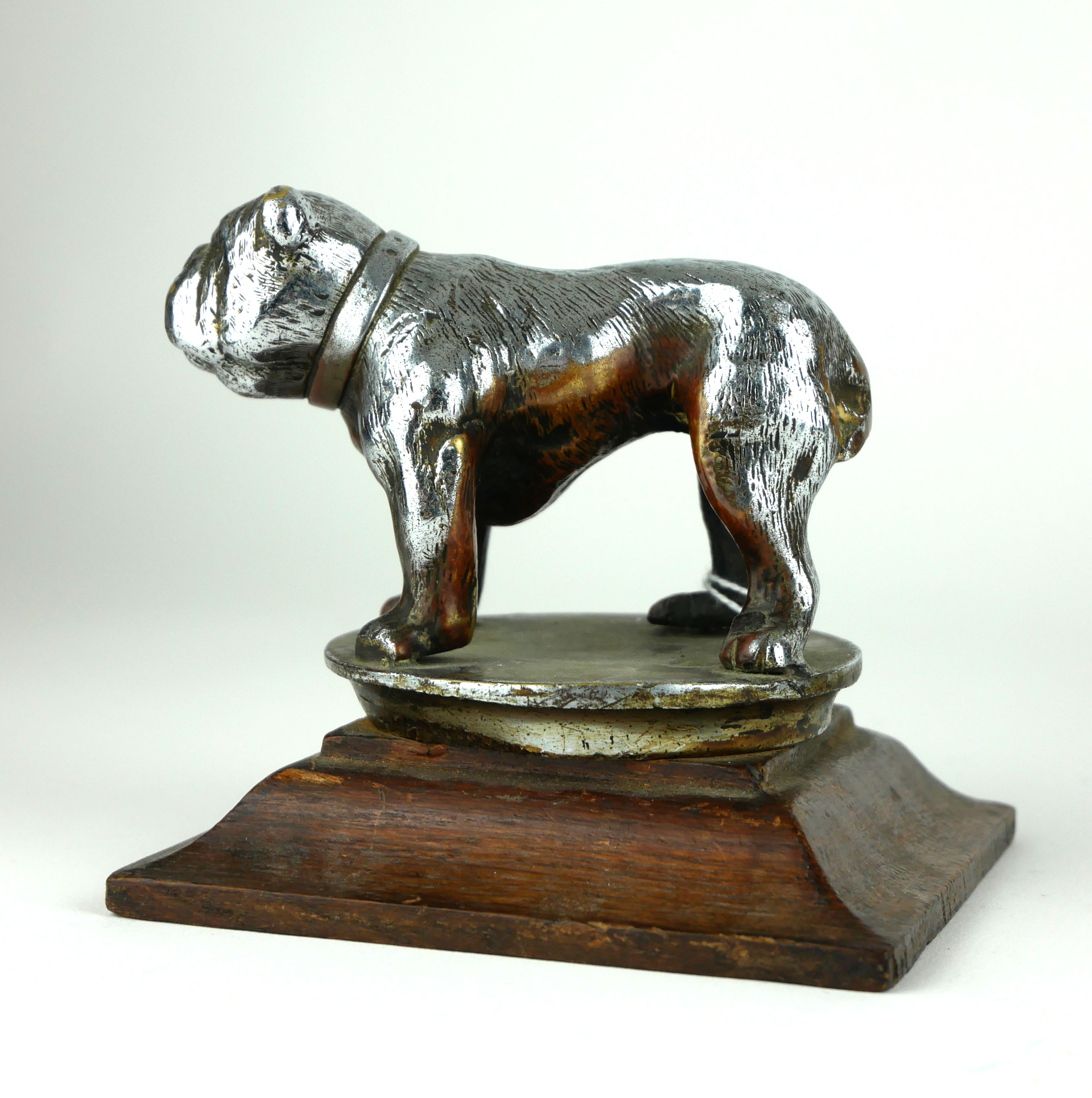 AN EARLY 20TH CENTURY SILVERED BRONZE BULLDOG CAR MASCOT Standing pose, on a carved oak plinth, - Image 2 of 2